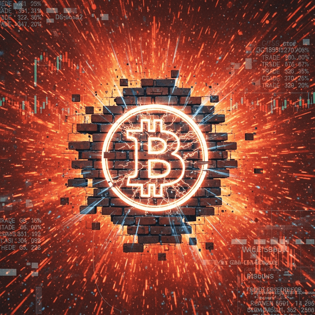 An abstract, glitchy digital art piece depicting a crumbling brick wall with a glowing, cracked Bitcoin symbol embedded within it. The background is a chaotic, swirling vortex of red and orange hues, with fragmented text snippets resembling trade statistics and news headlines overlaid.