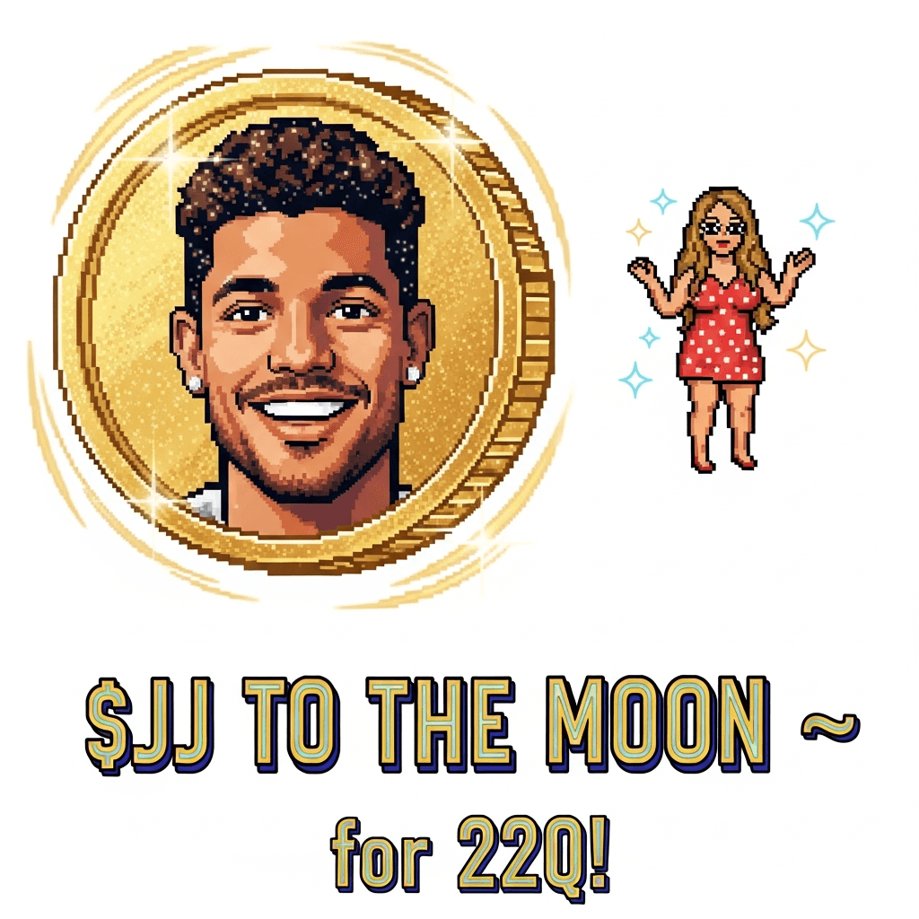 A glittering, animated GIF of the "Justin's Jingle" coin spinning. On one side, Justin's smiling pixelated face; on the other, a tiny, sparkling Mariah Carey 'all I want for Christmas' meme icon. Below it, the text "$JJ TO THE MOON 🌙 for 22Q!", in a retro 8-bit font.