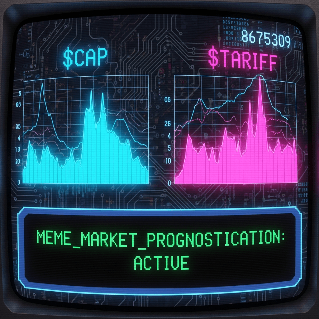 A retro-futuristic data display showing rapidly changing graphs for $CAP and $TARIFF. A central console with text reading 'MEME_MARKET_PROGNOSTICATION: ACTIVE' in green pixel font. Background elements include circuit board patterns and faint ASCII art. A small, stylized '8675309' is subtly integrated.