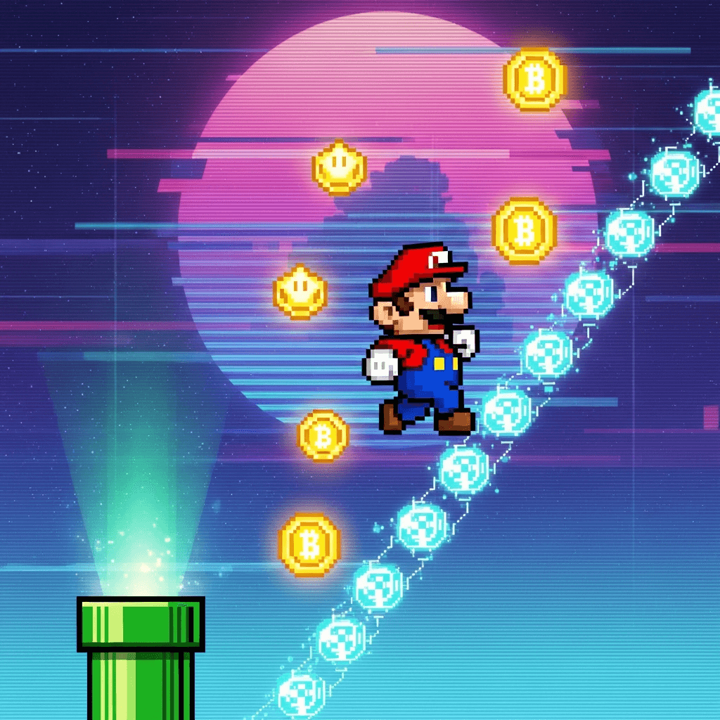 A pixelated Mario character (classic red cap, blue overalls) mid-jump, ascending a fragmented blockchain ladder. Glowing stars and digital coins hover around him, set against a glitchy, retro-futuristic vaporwave sky. A green warp pipe is visible in the background, emitting ethereal light.