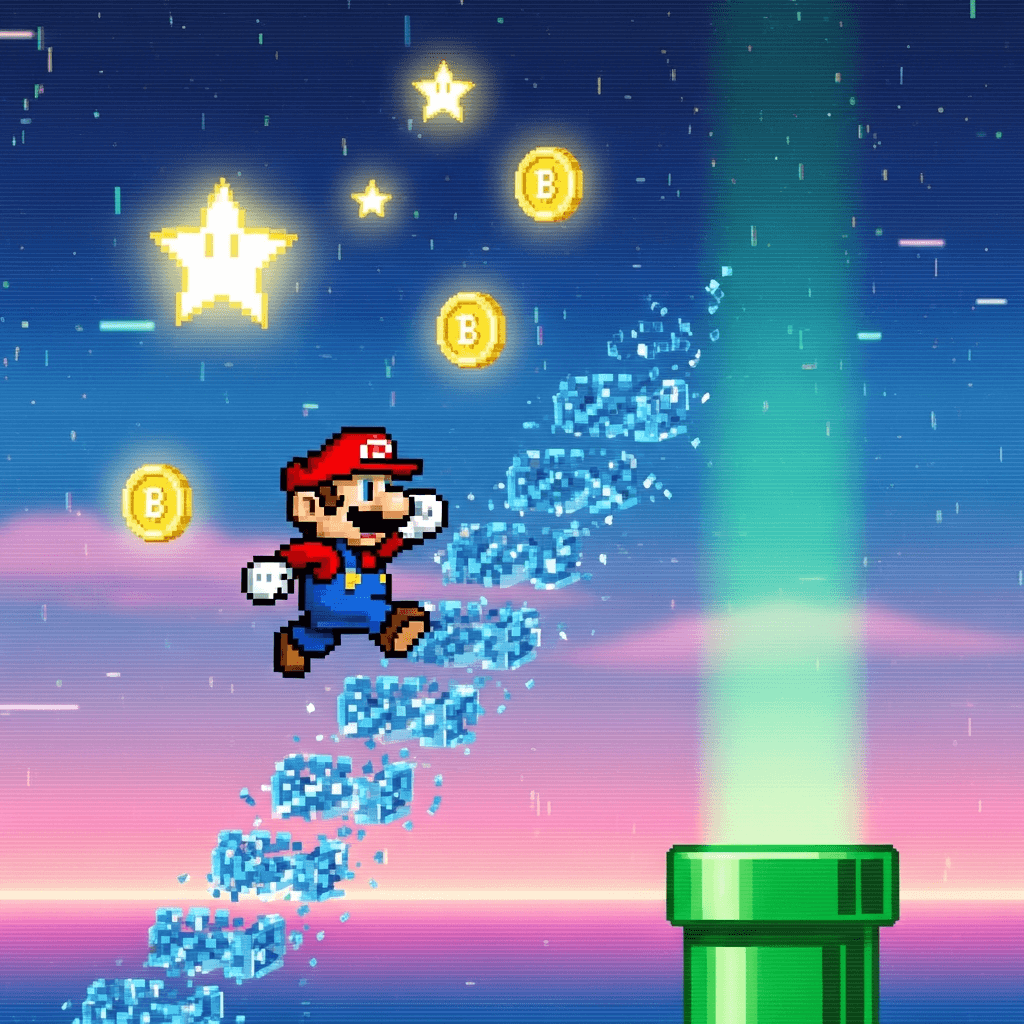 A pixelated Mario character (classic red cap, blue overalls) mid-jump, ascending a fragmented blockchain ladder. Glowing stars and digital coins hover around him, set against a glitchy, retro-futuristic vaporwave sky. A green warp pipe is visible in the background, emitting ethereal light.