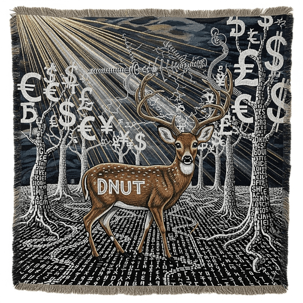 An ancient tapestry showing Peanut the Deer (DNUT) wandering through a digital forest, where currency symbols grow like trees and ASCII art forms paths. Ethereal rays of light touch the deer's antlers, transforming them into antennas that capture static signals from an otherworldly source.