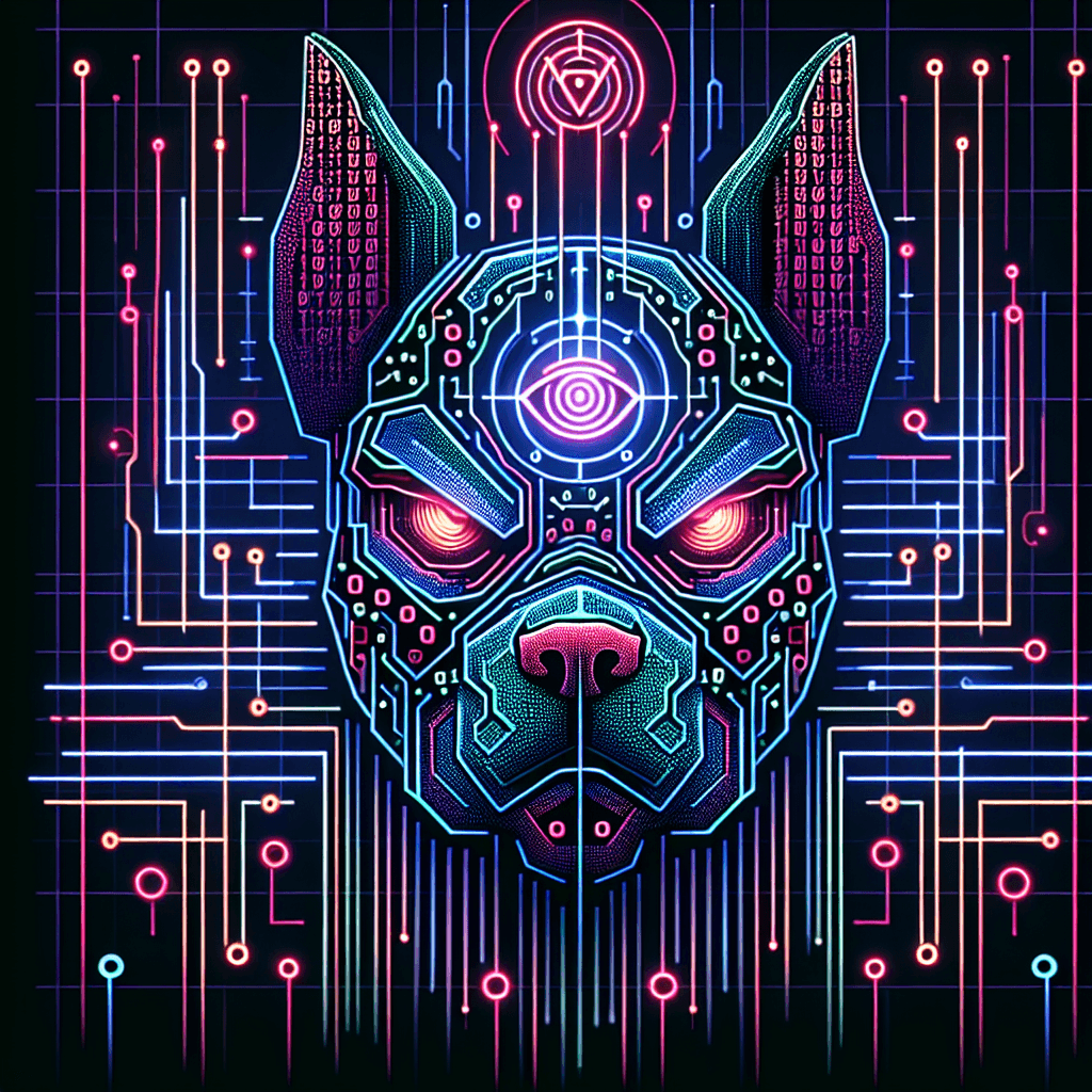 A digital circuit board forming a stylized bulldog head, with glitch effects and neon wireframe elements. Binary code flows through the circuits, electric and vibrant, against a dark, tech-noir background. An eye within the bulldog head glows with predictive insight, referencing the Mississippi 'M'.