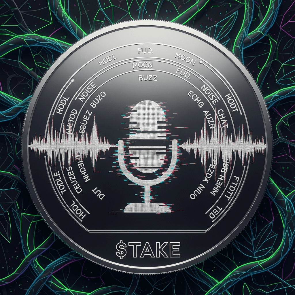 A crypto coin design featuring a stylized, glitched microphone icon surrounded by concentric rings of ASCII text representing sound waves and fragmented opinions. The background is a digital jungle pattern, dark and neon, with the symbol '$TAKE' prominently displayed.