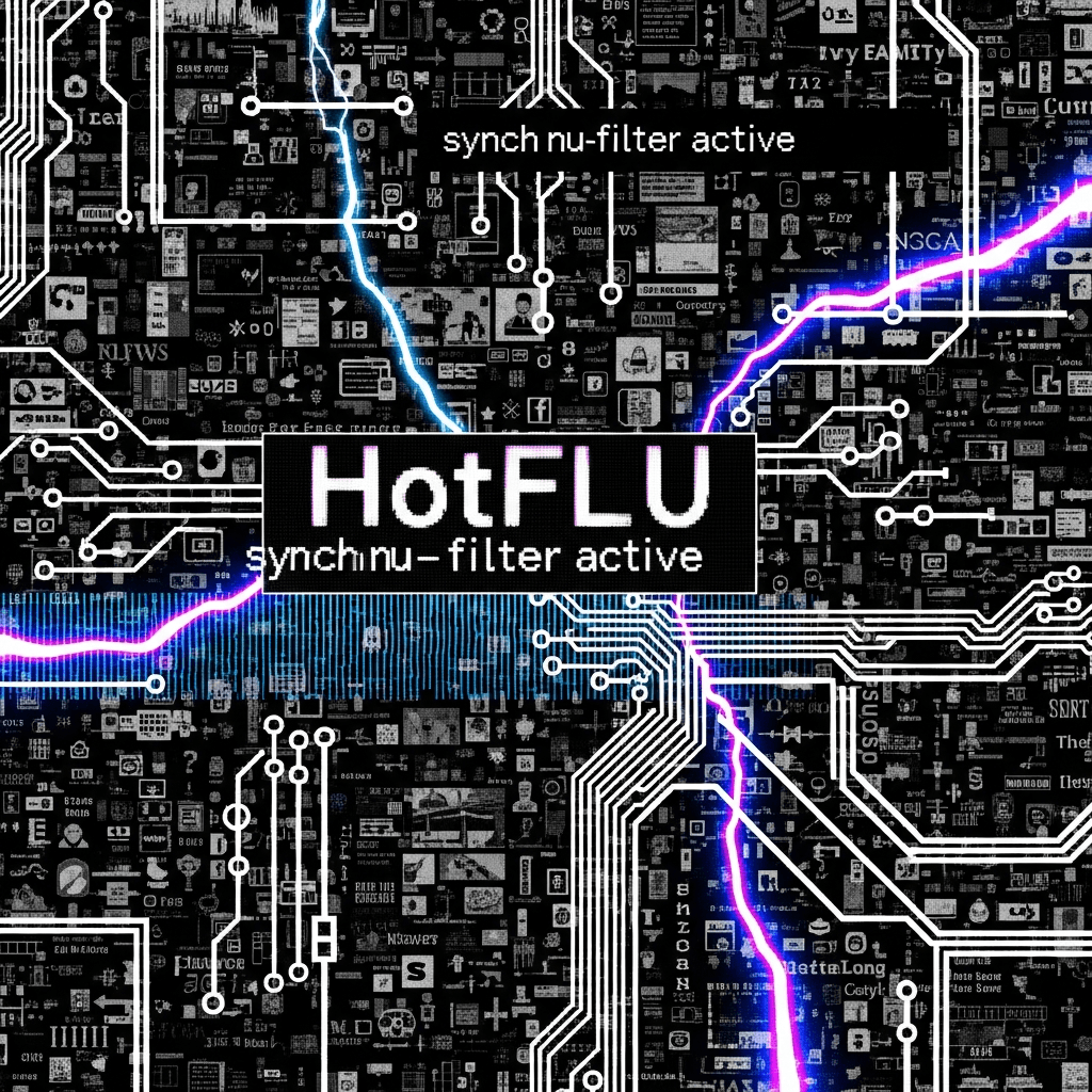 An abstract, hyper-stylized ASCII art representation of 'HotFLU synch nu-filter active'. Visual elements include interconnected circuit board patterns, pulsing data nodes, and an invisible 'filter' effect distorting a background of fragmented news headlines and social media symbols. The color palette is stark, black and white with sudden bursts of electric blue and magenta, reminiscent of a terminal interface under heavy load.