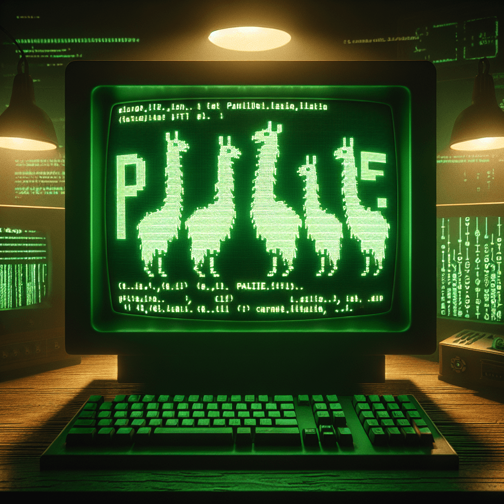 A retro computer terminal display showing the word 'PALIE' in glowing green ASCII art, surrounded by cryptic symbols and binary code. The screen has a slight CRT curvature and scan lines. In the background, shadowy figures of llamas are faintly visible, giving an eerie, mysterious atmosphere. The image should have a vintage, hacker aesthetic with digital glitch effects.