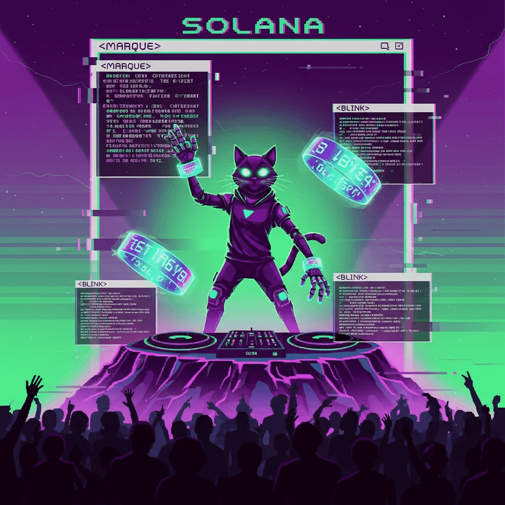 Glitchy neon poster in Solana palette (violet, teal, green) showing a cyber cat DJ on a crater stage, holographic wristbands floating, retro web UI overlays with <marquee> and <blink>, ASCII textures, fan convention crowd as pixel silhouettes, vaporwave lighting, high contrast, shareable social graphic.