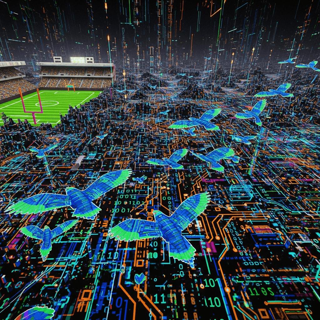 An abstract, glitch art representation of a flock of birds (Seahawks) migrating across a digital landscape. The landscape should incorporate elements of binary code and circuit board patterns, with a subtle hint of a football stadium in the far distance, rendered in a retro 8-bit style.
