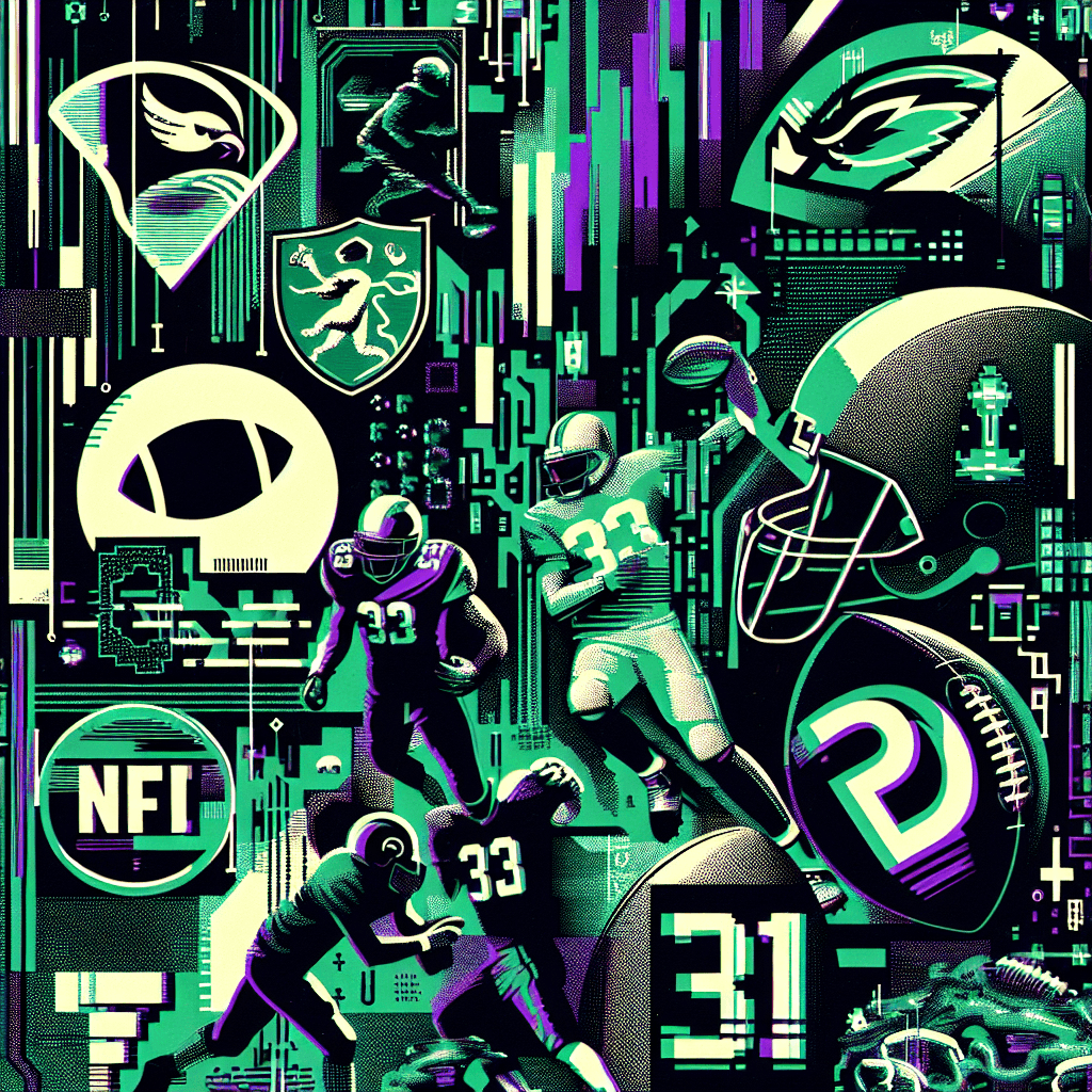 A collage of distorted Seahawks logos, glitchy football player silhouettes, and glowing green circuit board patterns, all overlaid with fragmented ASCII text in a retro terminal style. The overall aesthetic should be chaotic yet visually striking, with a dominant color palette of blue, green, and neon purple.