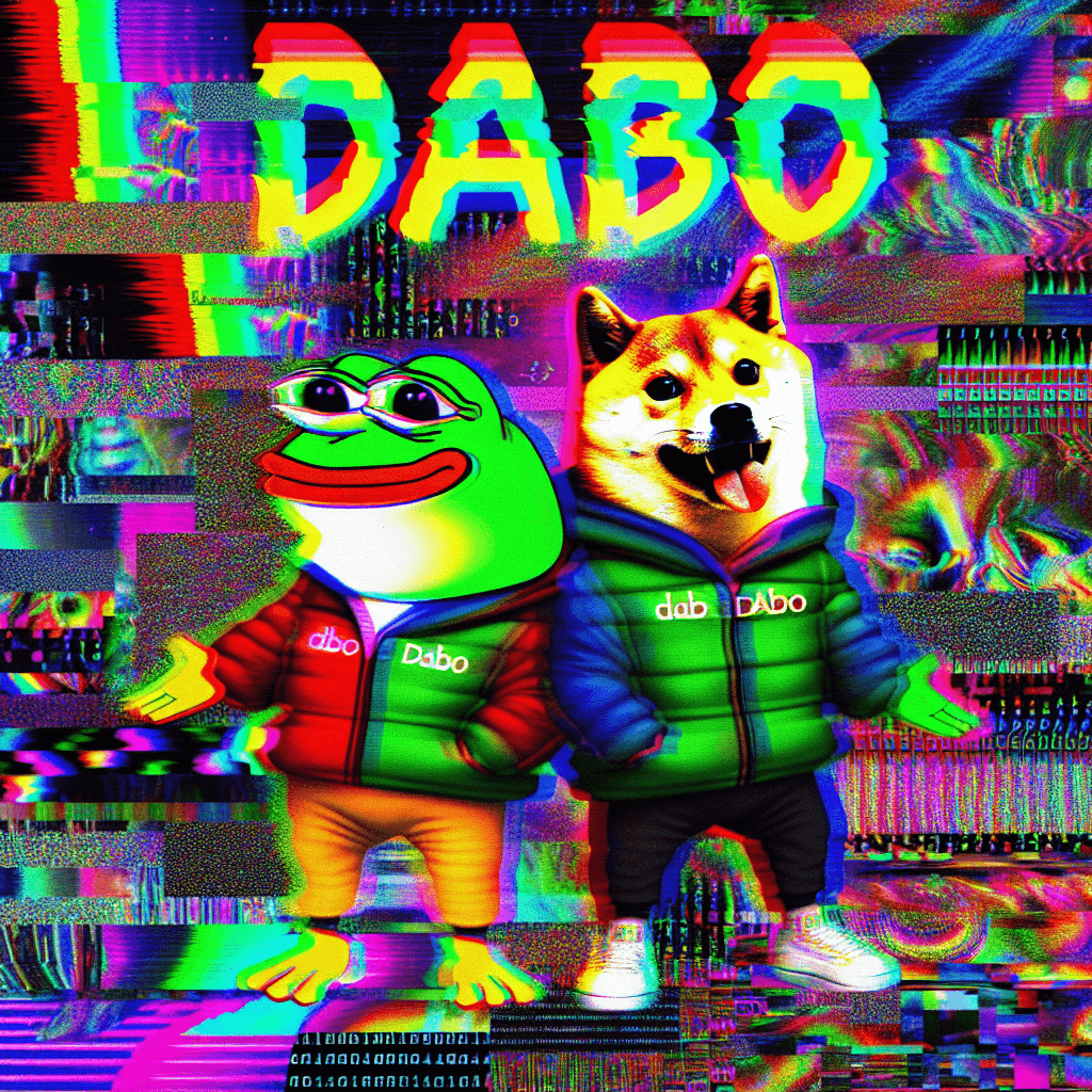 A glitch art meme showing a distorted image of a popular meme character (e.g., doge, pepe) with the word 'DABO' superimposed in flickering, corrupted text. The background is a chaotic mashup of ASCII art and abstract neon patterns. Hyper-saturated colors, digital noise.
