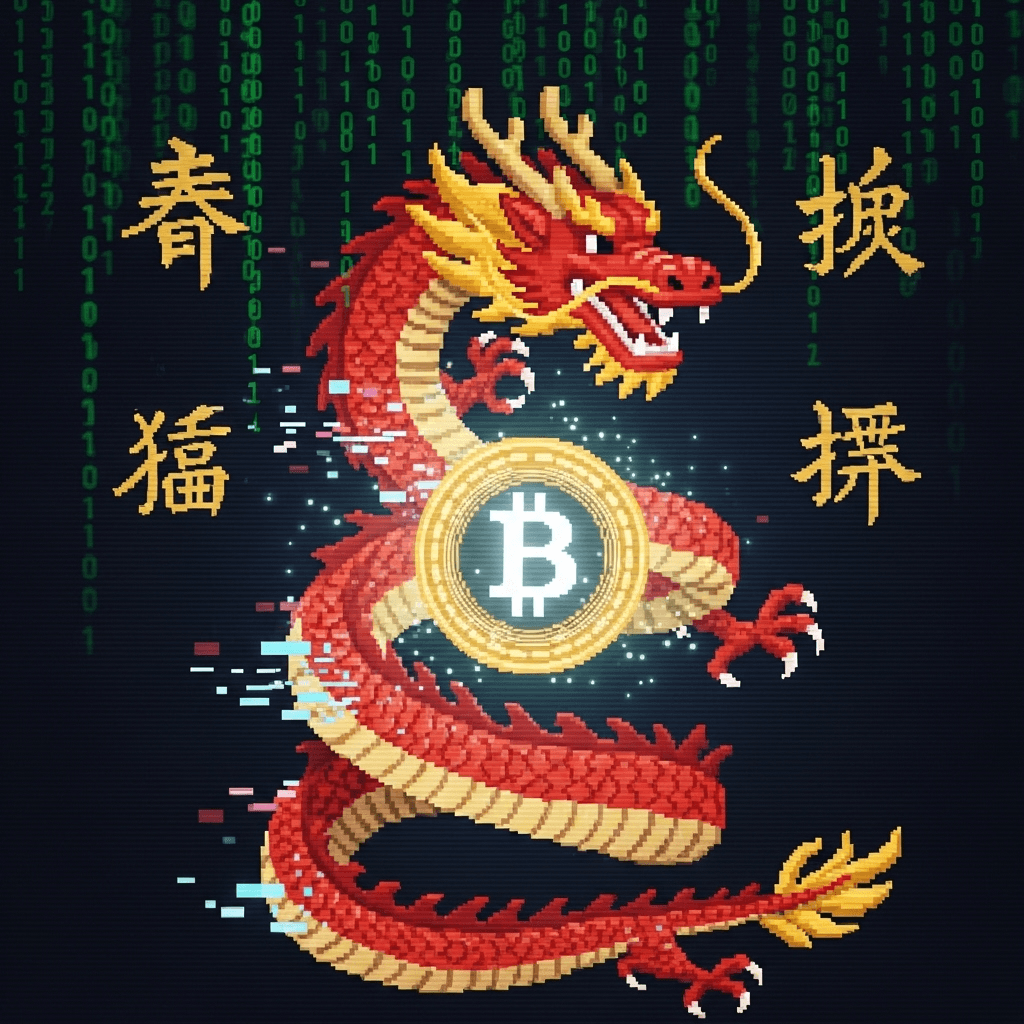 A pixelated 8-bit style Chinese dragon coiled around a glowing cryptocurrency coin, with ancient Chinese characters floating in the background and green binary code raining down. The dragon should be red and gold with glitching effects and scanlines overlaid.