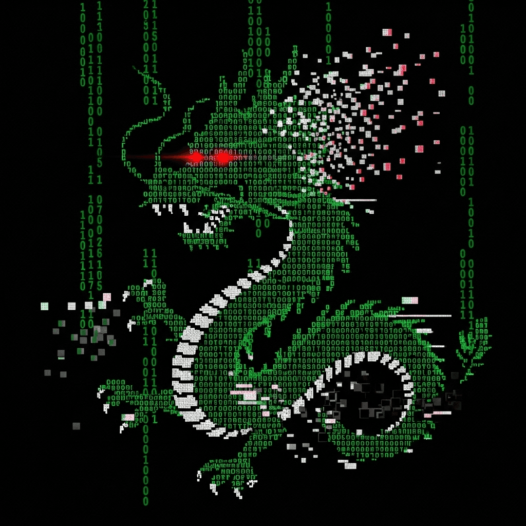 A glitchy, cyberpunk-style ASCII art dragon (龙Long) emerging from digital static. The image combines retro computing aesthetics with Eastern dragon mythology. The dragon appears to be made of green text characters on a black background with binary code flowing around it. Some parts of the dragon are distorting and breaking apart into pixels, creating a corrupted digital effect. Red glowing eyes pierce through the noise.
