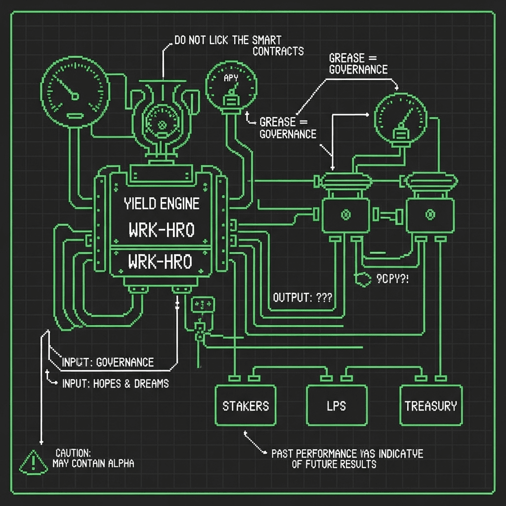 ASCII-blueprint inspired schematic: a 'Yield Engine' labeled WRK-HR0 with pipes, gauges, and a pressure dial labeled 'APY'. Wires connect 'Stakers', 'LPs', 'Treasury'. Retro terminal-green on charcoal background. Add small humorous warnings like 'Do not lick the smart contracts' and 'Grease = Governance'.