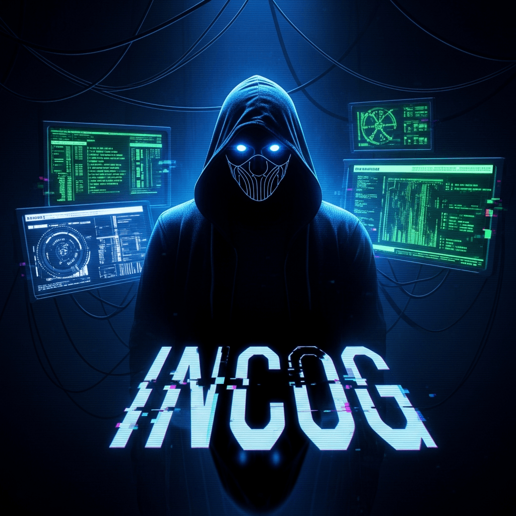 A mysterious hooded figure with a mask that shows only glowing eyes, standing in front of multiple computer screens displaying cryptic code. The figure is casting a shadow that forms the shape of the INCOG logo. Dark cyberpunk aesthetic with neon blue and purple lighting, digital glitches throughout the image.