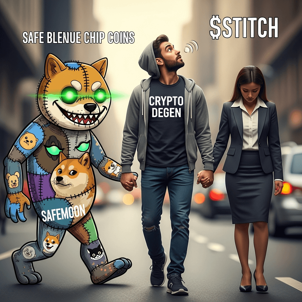 The 'Distracted Boyfriend' meme format. The boyfriend is a 'Crypto Degen'. The girlfriend is 'Safe Blue Chip Coins'. The woman walking by is a monstrous, stitched-together creature labeled '$STITCH', made of patchwork pieces of old, dead memecoins like Doge, Shiba Inu, and Safemoon. The creature is crudely drawn but has glowing, alluring green eyes.