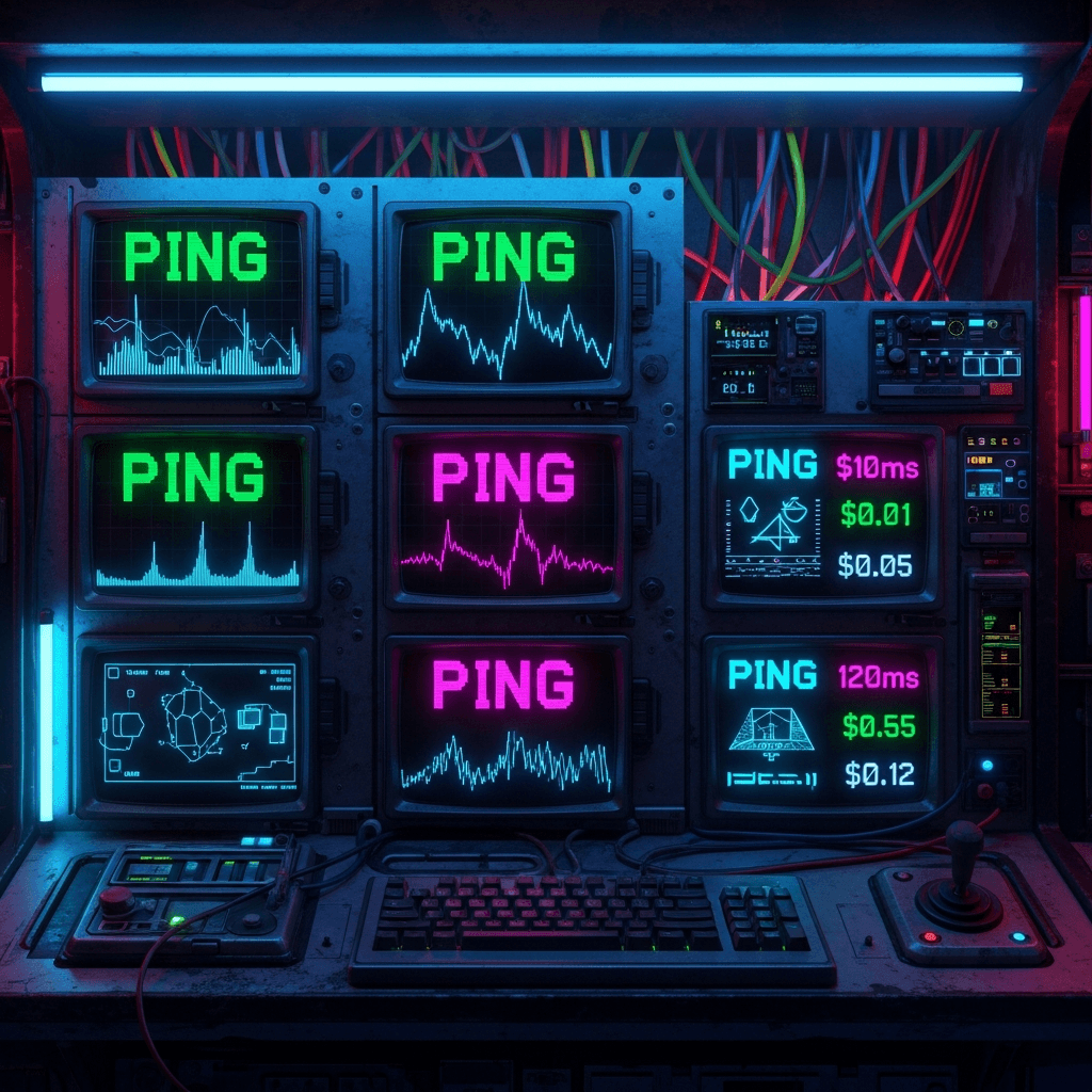 A cyberpunk retro-futuristic control panel with 'PING' displayed on multiple terminals. The screens show oscillating signal patterns that look like cryptocurrency charts. The entire image is bathed in neon blue and pink glow, with some ASCII art integrated into the display. Several terminals show different latency times in milliseconds with correlation to monetary values.
