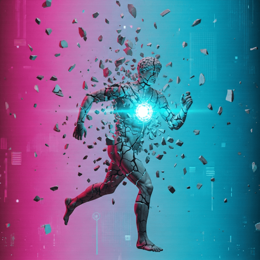 An ancient Greek statue of a runner, but it's shattered into a million pieces. The pieces are not falling, but are suspended in mid-air, beginning to pull back together, drawn by a glowing, cyan-colored core of energy. A glitch art, vaporwave aesthetic.