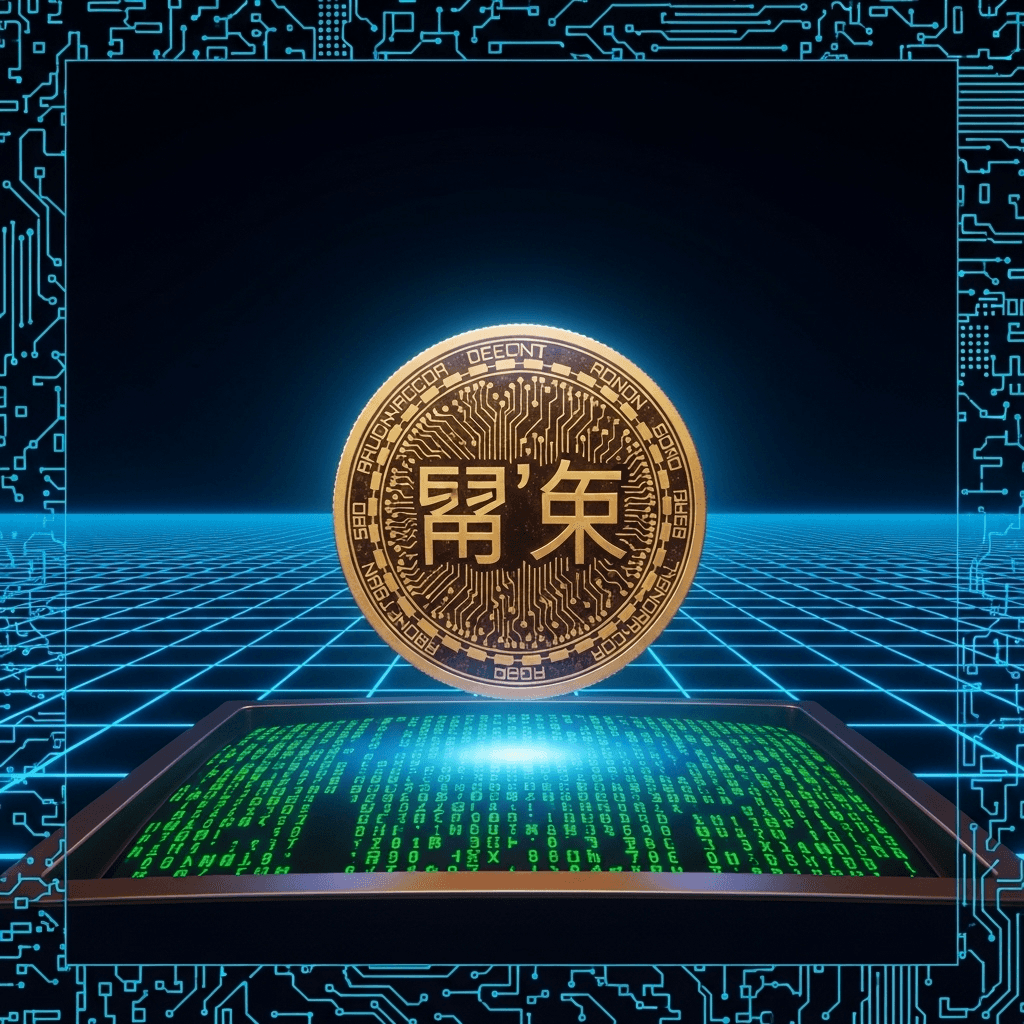 Retro cyberpunk aesthetic showing a glowing digital coin with Chinese characters '币安' etched on its surface, floating above a terminal screen filled with green code. The coin emits a soft blue aura against a dark background with grid lines extending to infinity, resembling the classic 80s digital frontier. ASCII art patterns surround the edges.