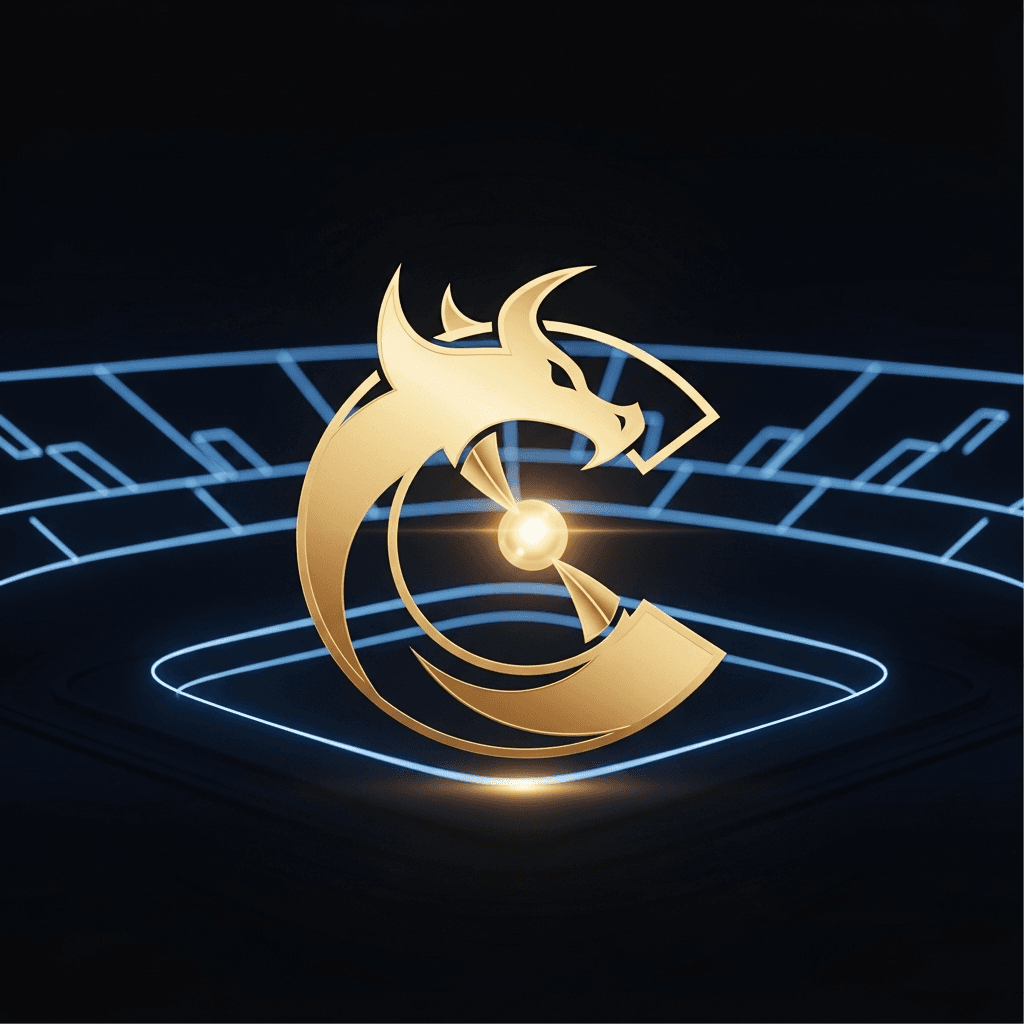 A minimalist, sleek logo for a cryptocurrency. A stylized, glowing gold letter 'C' that resembles a dragon's claw grasping a glowing orb. The background is dark, with faint, glowing blue lines suggesting a circuit board or a stadium layout. The aesthetic is clean, futuristic, and premium.