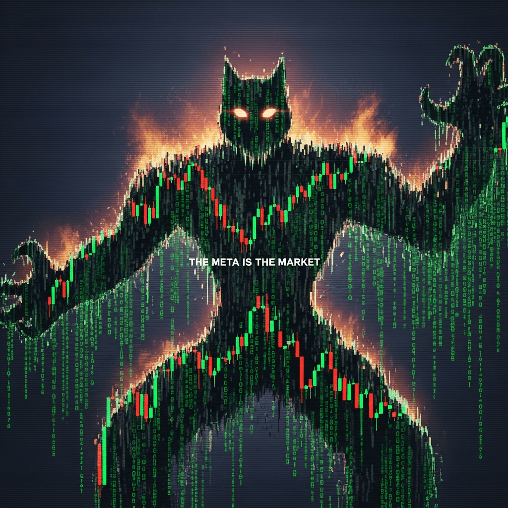 A terrifying, glitched-out final boss from a retro RPG video game, its massive form is made of crashing stock market candlestick charts and cascading green matrix code. A subtle silhouette of a cat's head with glowing eyes forms its crown. The style is dark, epic, and digital, with a CRT screen-line effect. The text 'THE META IS THE MARKET' is subtly embedded as a watermark in the code.