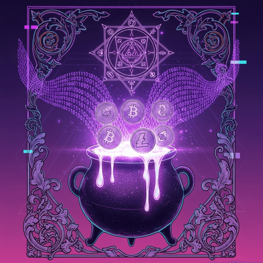 A glowing alchemical symbol floating above a digital cauldron filled with molten cryptocurrency tokens, with streams of binary code swirling around it, in the style of vaporwave meets medieval manuscript illumination, vibrant purple and gold color scheme