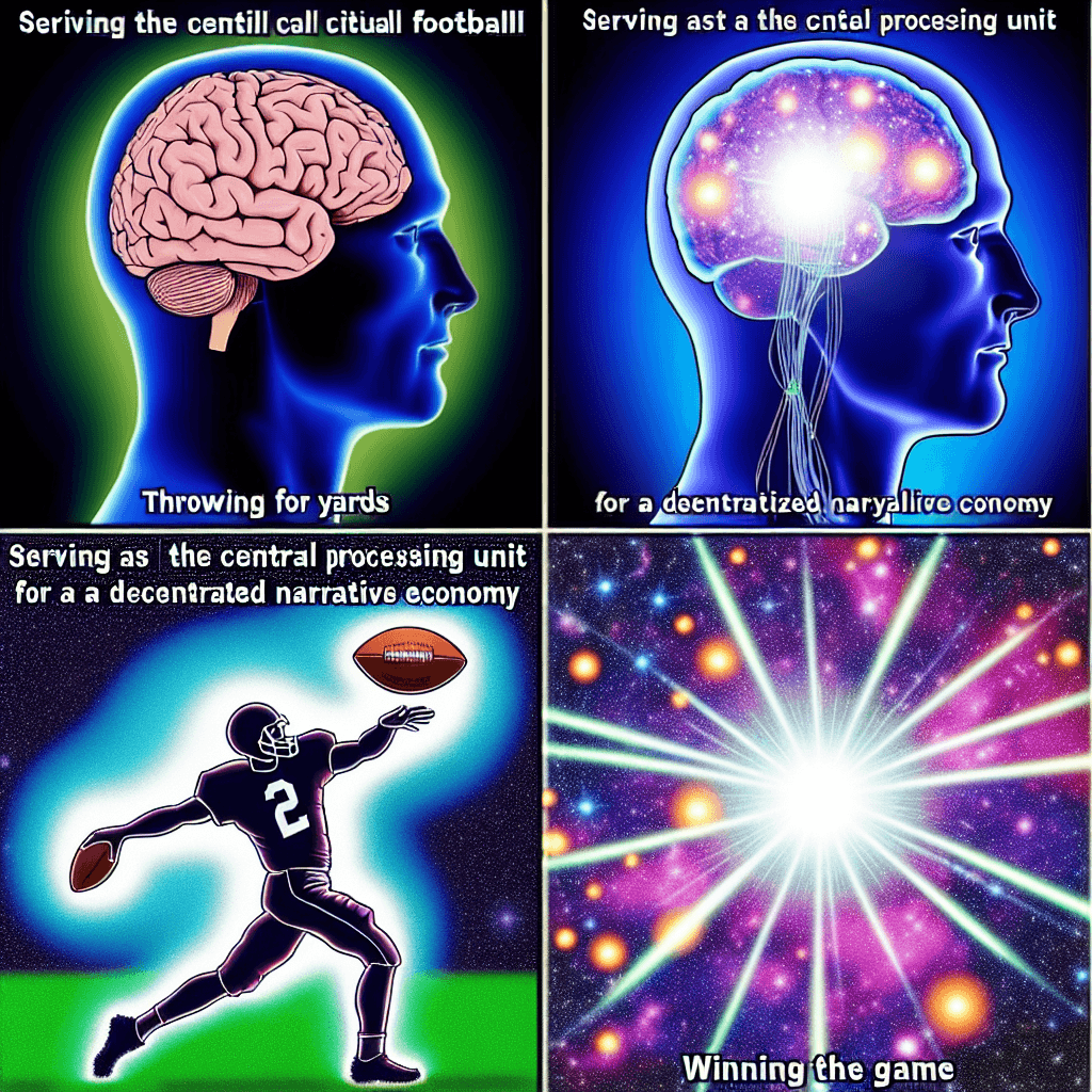 A 2-panel meme, 'galaxy brain' style. Panel 1: A small brain next to a picture of a normal football. Text: 'Throwing for yards'. Panel 2: A slightly larger, glowing brain next to a diagram of a simple passing play. Text: 'Winning the game'. Panel 3: An expansive, cosmic, glowing brain next to an image of Daniel Jones looking determined. Text: 'Serving as the central processing unit for a decentralized narrative economy'. Panel 4: The final panel shows a supernova of light, with the $DDMS coin symbol at the center. Text: 'Achieving consensus via Proof-of-Throw'.
