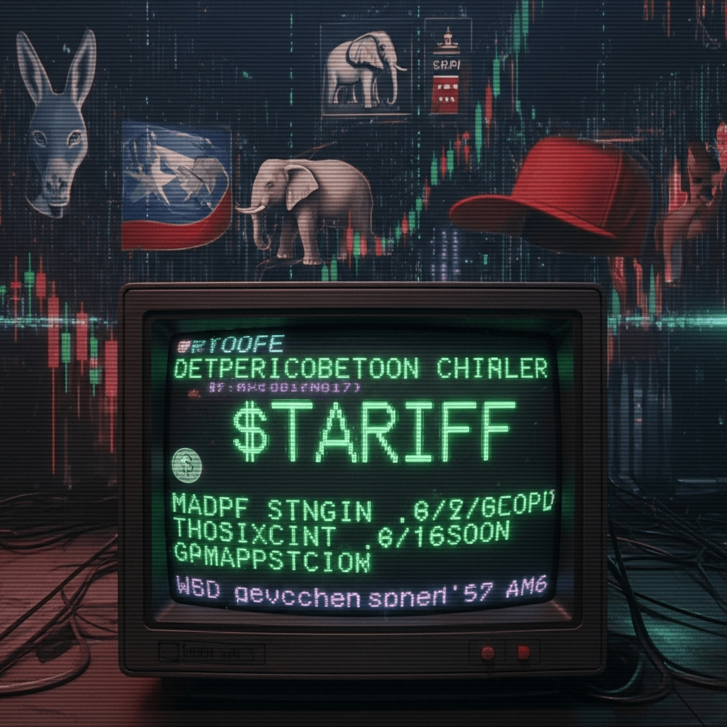 An old CRT monitor with glowing green terminal text. The screen is glitching, showing a memecoin price chart for a coin with the symbol '$TARIFF'. In the background, fragmented images of political symbols like a donkey, an elephant, and a red baseball cap are mixed with cascading financial data streams. The aesthetic is retro-futuristic, dark, and chaotic, with scan lines and digital artifacts.