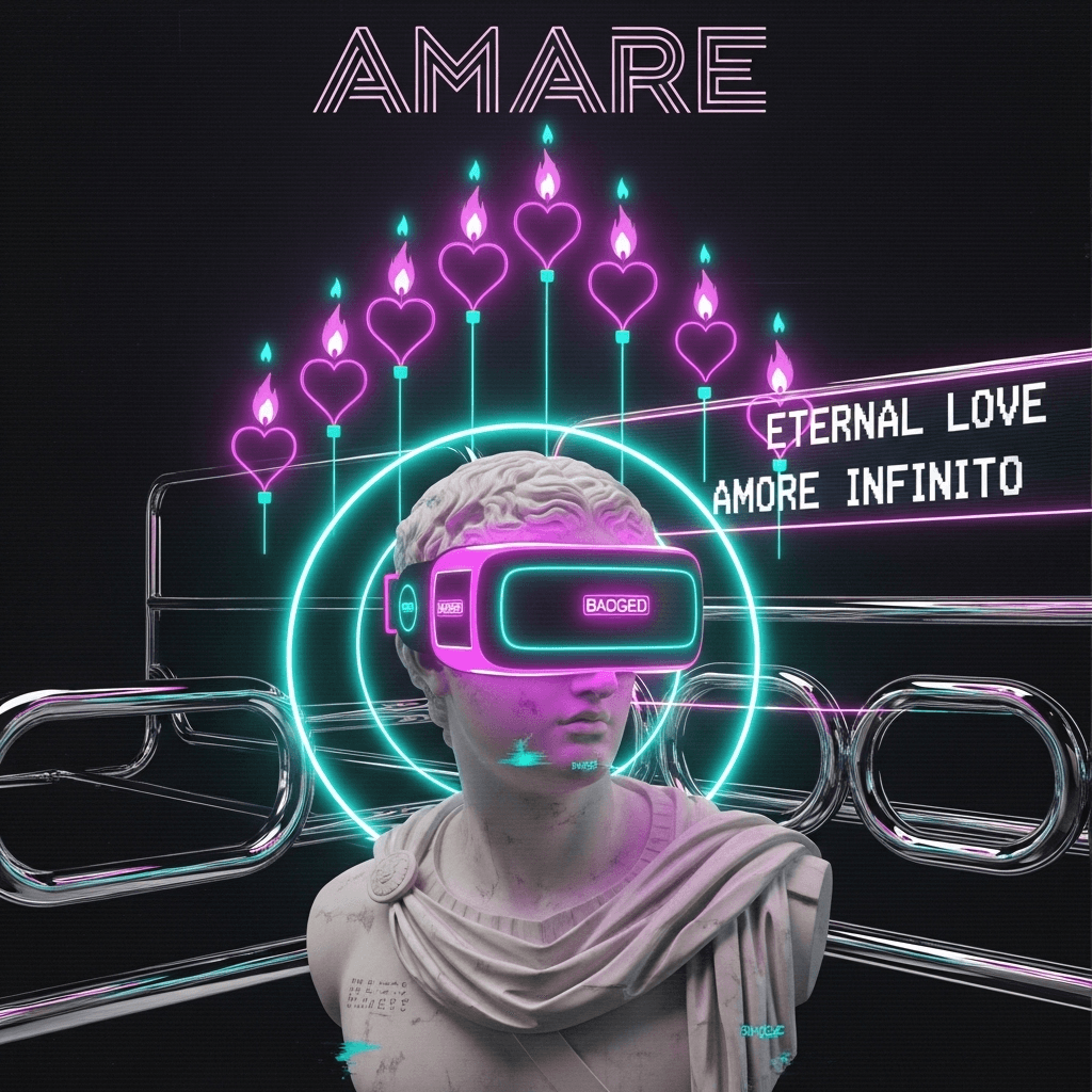Vaporwave-roman mashup: marble bust wearing VR visor, floating heart-shaped candlesticks rising like a chart, neon magenta/teal palette, retro web UI chrome with <marquee> text, CRT grain, glitch halos. Big title: AMARE. Subtle Bagged-brand references.