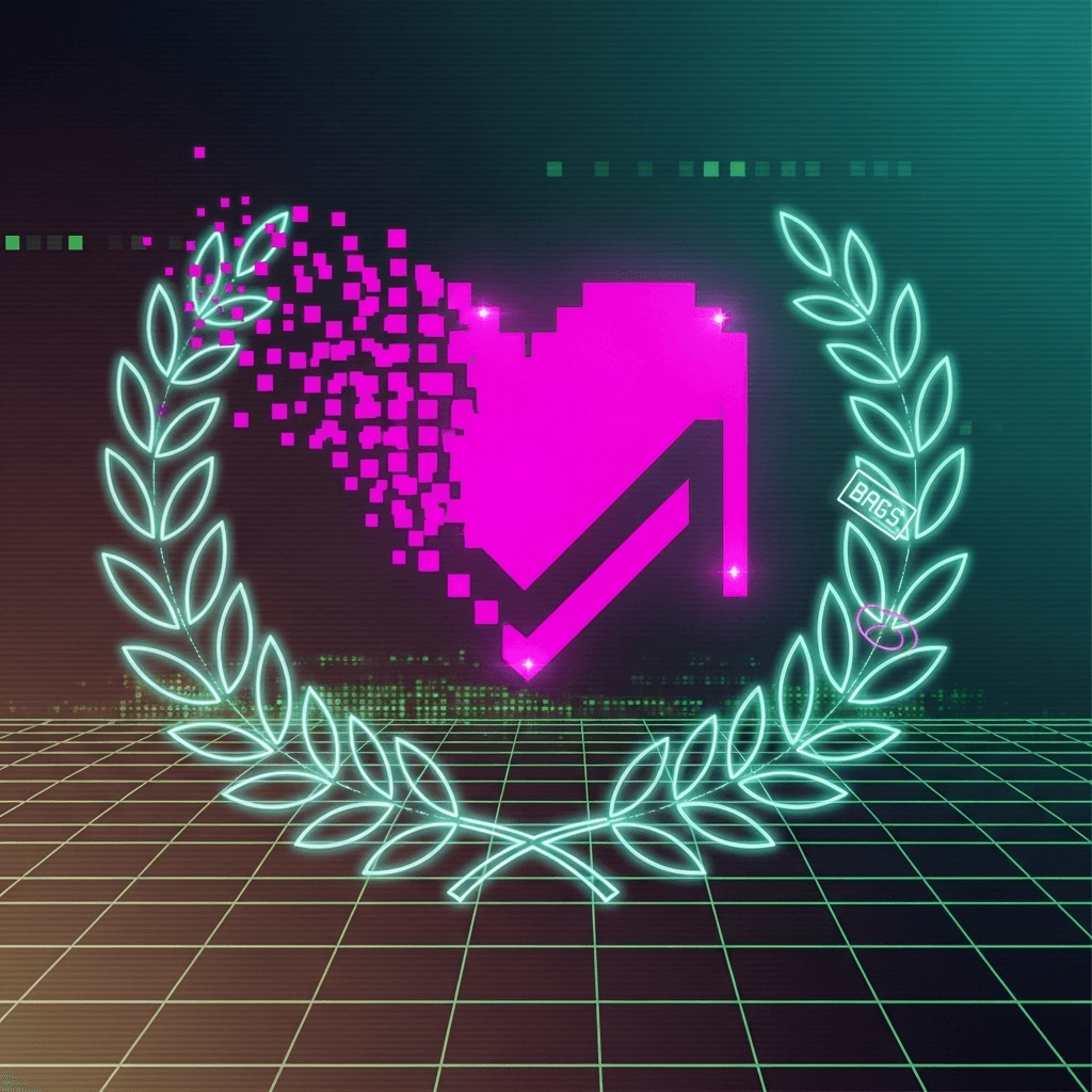 Logo for AMARE: a pixelated magenta heart fracturing into tiny squares that reassemble into an upward checkmark/arrow. Neon cyber-roman aesthetic with laurel wreaths, CRT scanlines, terminal-green grid, subtle vaporwave gradients (pink/teal), and a tiny hidden 'BAGS' tag. Clean vector geometry suitable for stickers and app icon.
