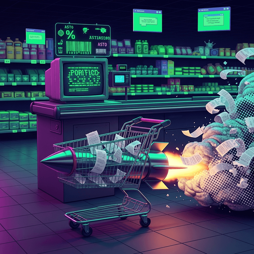 Neon-green terminal on a 90s CRT monitor in a vaporwave grocery aisle. A chrome shopping cart blasting like a rocket with receipt paper exhaust, glitch typography, ASCII overlays (percent signs, barcodes), halftone textures, cyberpunk coupon storm, retro web UI (<marquee>, pop-up windows), blacklight palette, high contrast, poster-ready.