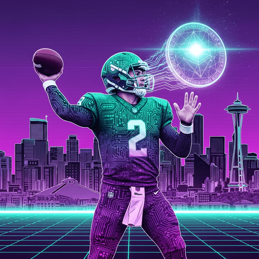 Retro-futuristic vaporwave style digital collage showing a football quarterback with circuit board patterns on his jersey, throwing a football that transforms into a glowing cryptocurrency token, with Seattle skyline in background, all rendered in purple and teal gradient with scanlines and glitch effects