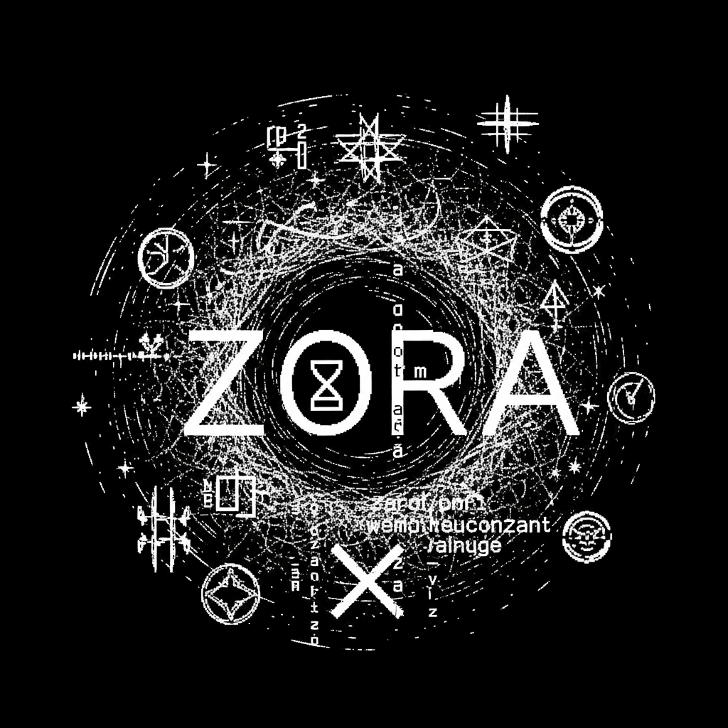 An intricate ASCII art sigil representing a meme coin. The sigil should incorporate chaotic, glitchy elements, interwoven with the letters 'ZORA'. Think of a digital vortex with bits of corrupted data swirling around it, rendered in monochrome ASCII characters. Include some cryptic symbols that hint at volatility and rapid change. The overall aesthetic should be retro-futuristic and slightly unsettling, like a terminal screen from an abandoned cyberpunk arcade.