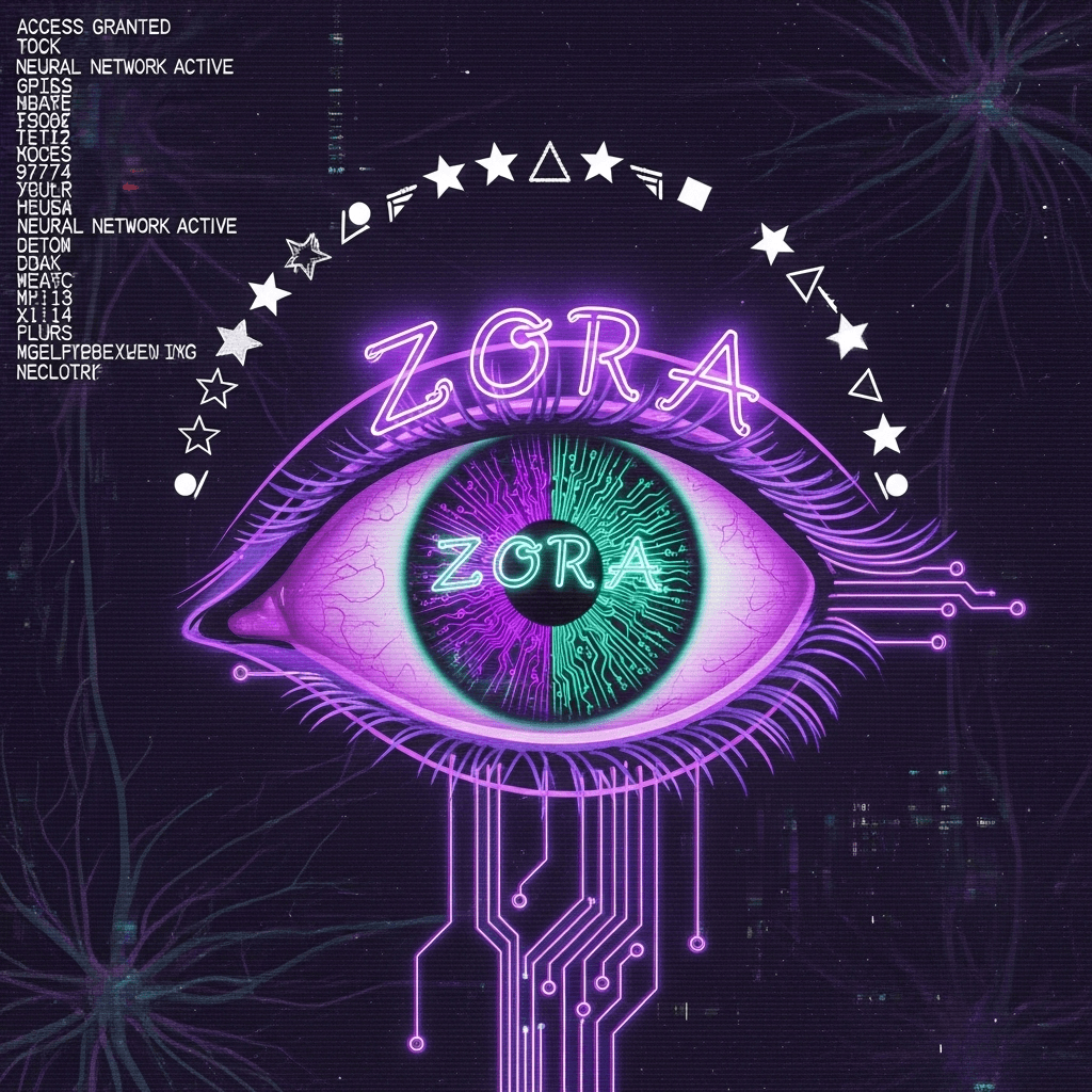 A glitchy vaporwave aesthetic showing a digital third eye emerging from static, with ZORA symbols flowing through neural pathways. The eye is half-human, half-circuit board with retrowave purple and teal color scheme. ASCII patterns form a halo around the eye, and vintage computer code scrolls in the background. 1990s internet aesthetics meet 2023 AI visuals.