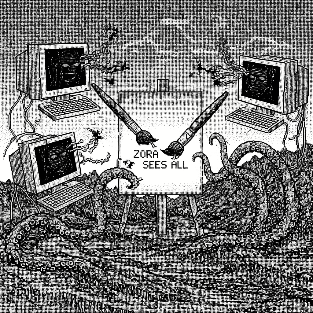 A chaotic ASCII art landscape showing AI art generators rebelling against human artists. The scene features computer terminals with faces emerging from code, paintbrushes being snapped in half, and digital tentacles reaching across canvas. The composition should be mostly text characters forming a recognizable scene, with some glitchy elements and corrupted pixels. Include the text 'ZORA SEES ALL' hidden within the ASCII patterns.