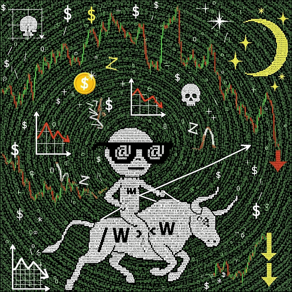 An ASCII art depiction of a chaotic market scene: a sea of swirling numbers, fractal graphs twisting infinitely, and enigmatic symbols hinting at great fortune or downfall. Central to this composition stands a cartoonish avatar wearing shades, riding a wild bull towards a digital moon.