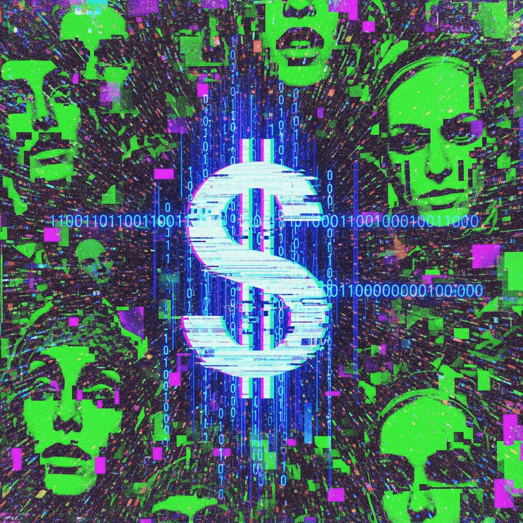 An abstract, glitch art image with neon greens and purples, featuring fragmented, pixelated faces reminiscent of an abstract crowd. A central, distorted dollar sign is visible, interwoven with binary code and digital static. The overall aesthetic is chaotic, digital, and slightly unsettling, conveying the 'digital scream of the internet'.