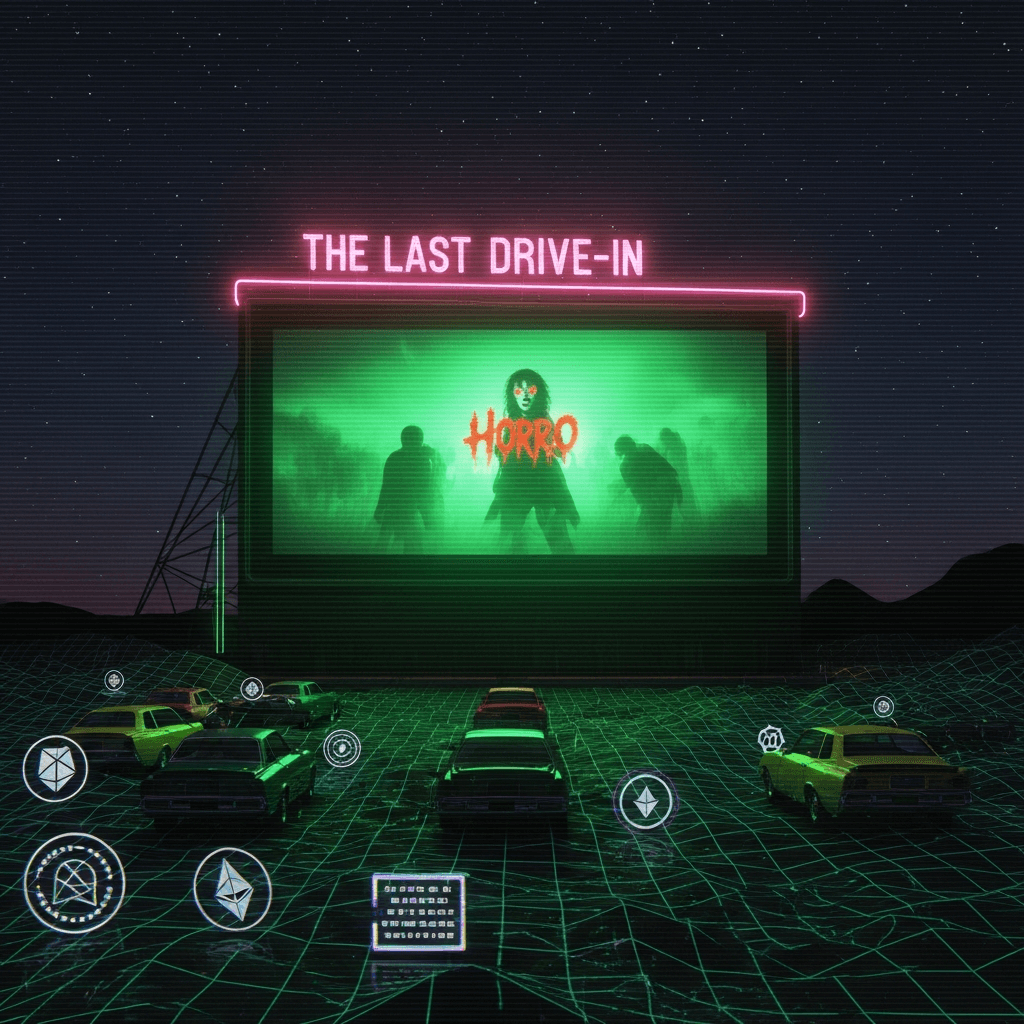 Retro drive-in movie theater at night with glitchy VHS aesthetic, showing a horror movie. The screen glows with eerie green light against a starry sky. A neon sign reading 'THE LAST DRIVE-IN' flickers above. In the foreground, stylized crypto symbols and ASCII art cars are scattered across a digital landscape. The entire image has scan lines and digital artifacts like an old television.