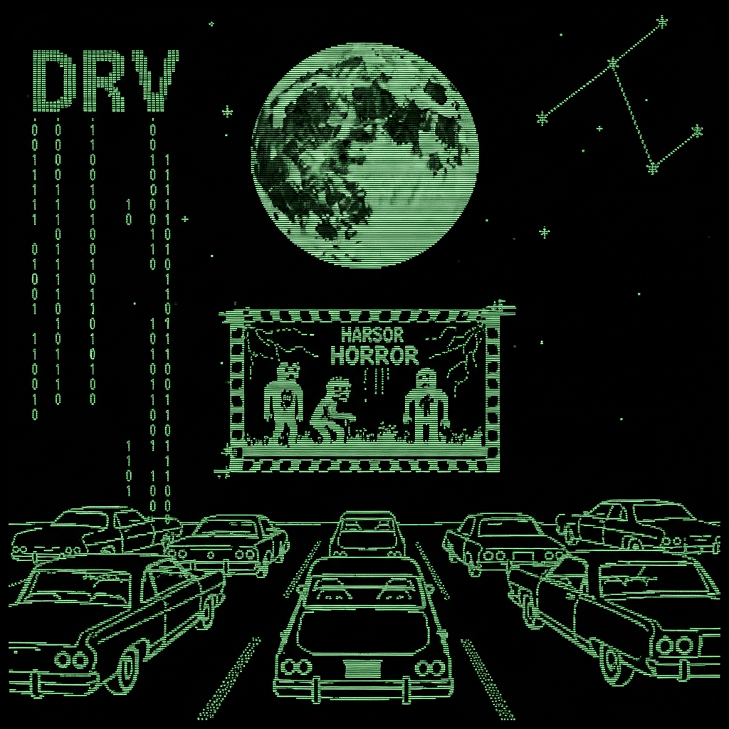 Retro ASCII art of a drive-in movie theater under a full moon with glitchy static effects and binary code raining down. A classic horror movie plays on the screen while vintage cars with ghostly outlines are parked watching. The whole image has a terminal green glow with 'DRV' appearing like a constellation in the night sky.