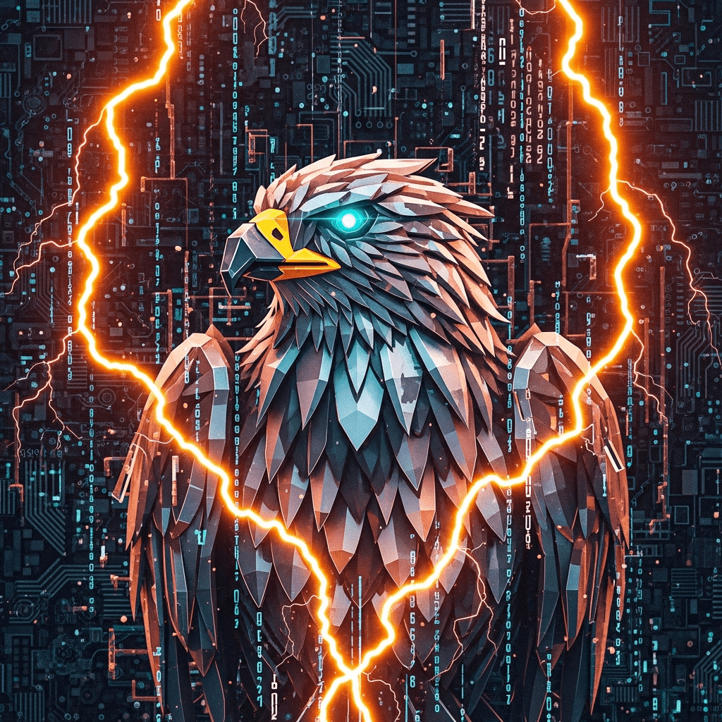 Stylized ASCII art hawk, sharp geometric lines, metallic sheen. It emerges from a tempest of digital data streams and glowing orange lightning bolts, symbolizing volatile market tweets and tariffs. The hawk's eyes glow with a cryptic, cyan light. Background is a complex circuit board pattern, glitching slightly.