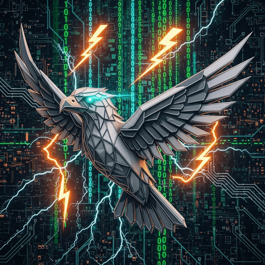 Stylized ASCII art hawk, sharp geometric lines, metallic sheen. It emerges from a tempest of digital data streams and glowing orange lightning bolts, symbolizing volatile market tweets and tariffs. The hawk's eyes glow with a cryptic, cyan light. Background is a complex circuit board pattern, glitching slightly.