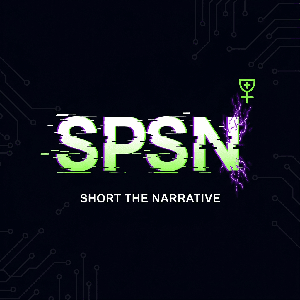 A minimalist logo for a memecoin. The letters 'SPSN' are designed in a glitchy, distorted font, resembling a corrupted digital file. The logo is set against a dark background with subtle circuit board patterns. Below the letters, in a small, clean font, it says 'SHORT THE NARRATIVE'. The color palette is neon green, black, and electric purple. A sigil for digital decay.