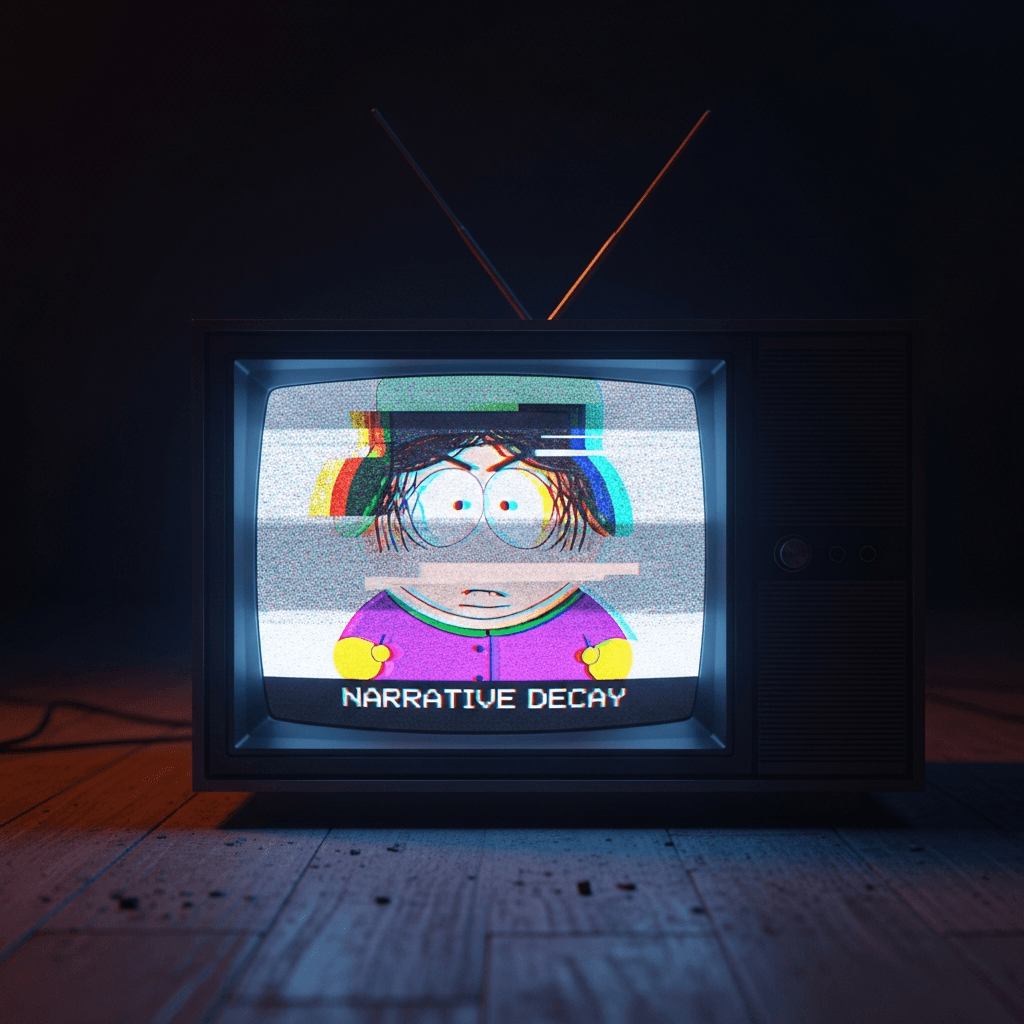 A retro 90s CRT television on a dusty floor in a dark room. The screen shows a heavily glitched and distorted image of Eric Cartman from South Park, barely recognizable. The colors are bleeding and the screen is filled with static and digital artifacts. The phrase 'NARRATIVE DECAY' is faintly visible in a pixelated font at the bottom of the screen. Lo-fi, vaporwave aesthetic, cinematic lighting.
