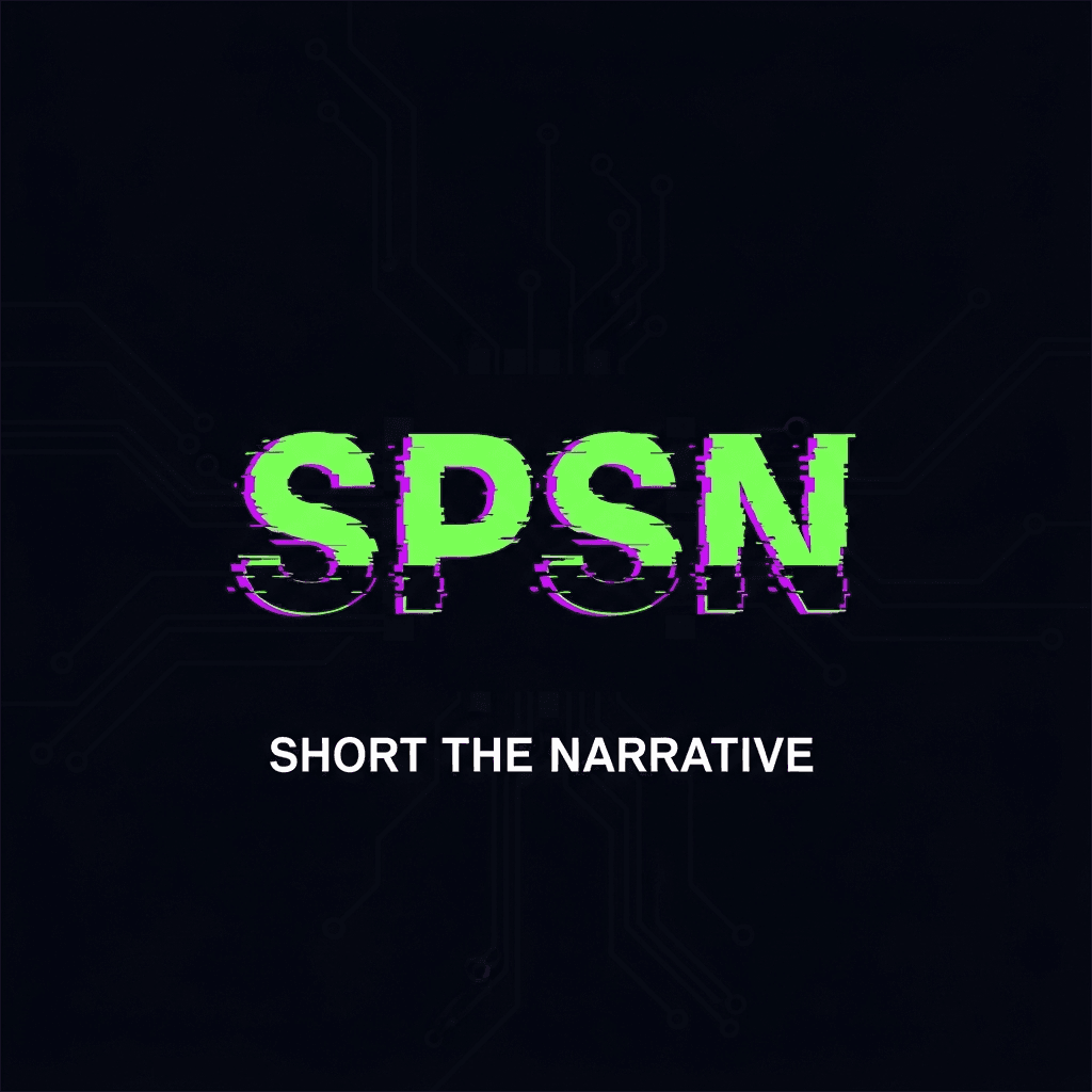A minimalist logo for a memecoin. The letters 'SPSN' are designed in a glitchy, distorted font, resembling a corrupted digital file. The logo is set against a dark background with subtle circuit board patterns. Below the letters, in a small, clean font, it says 'SHORT THE NARRATIVE'. The color palette is neon green, black, and electric purple. A sigil for digital decay.