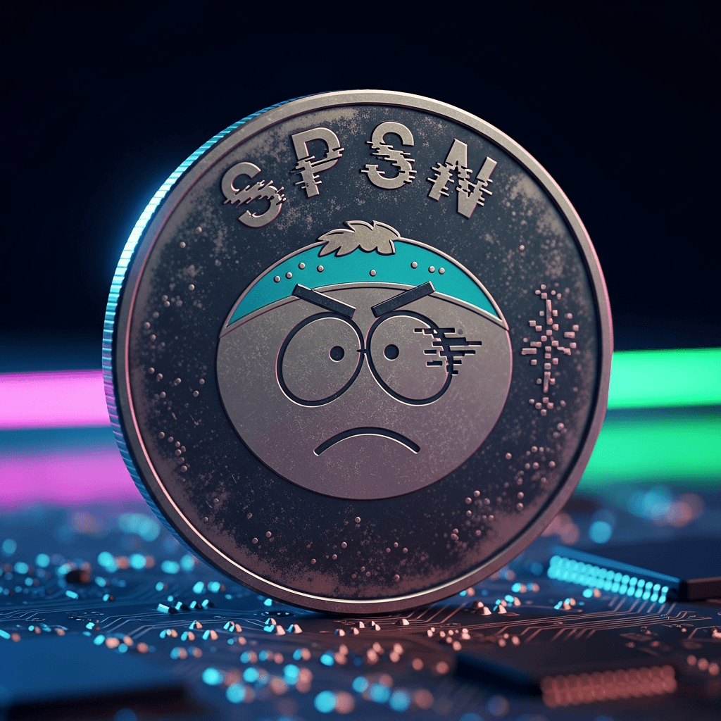 A single physical crypto coin, made of a tarnished, dark metal. It rests on a circuit board. The coin is stamped with a pixelated, frowning face reminiscent of a South Park character. The letters 'SPSN' are engraved around the edge, with some letters glitched out. Style: Macro photography, cinematic lighting, cyberpunk.