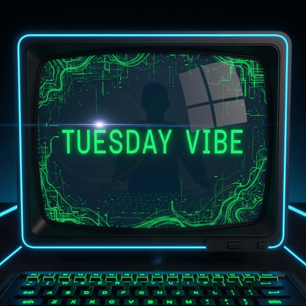 A retro-futuristic computer terminal screen showing 'TUESDAY VIBE' in glowing green text, surrounded by abstract digital patterns, ASCII art patterns flowing across the screen, with a shadowy figure reflected in the monitor, cyberpunk aesthetic with neon blue accents