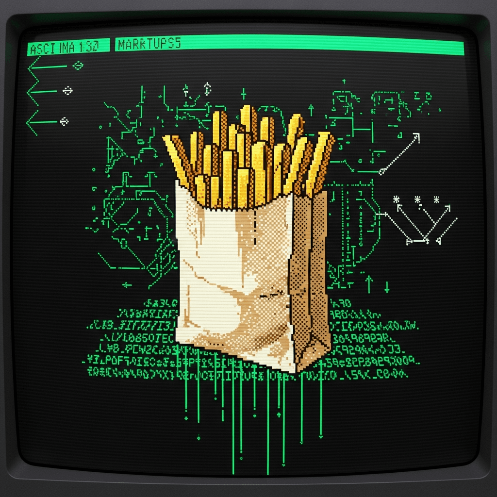 retro PC screen with command line terminal open, displaying ASCII art of french fries overflowing from a virtualized paper bag, surrounded by cryptic symbols and digital hieroglyphs. Glowing lines resembling code leak from the bag, with faint memes written as if secret markers on the background, reference to viral spread symbolized through ASCII glyphs.