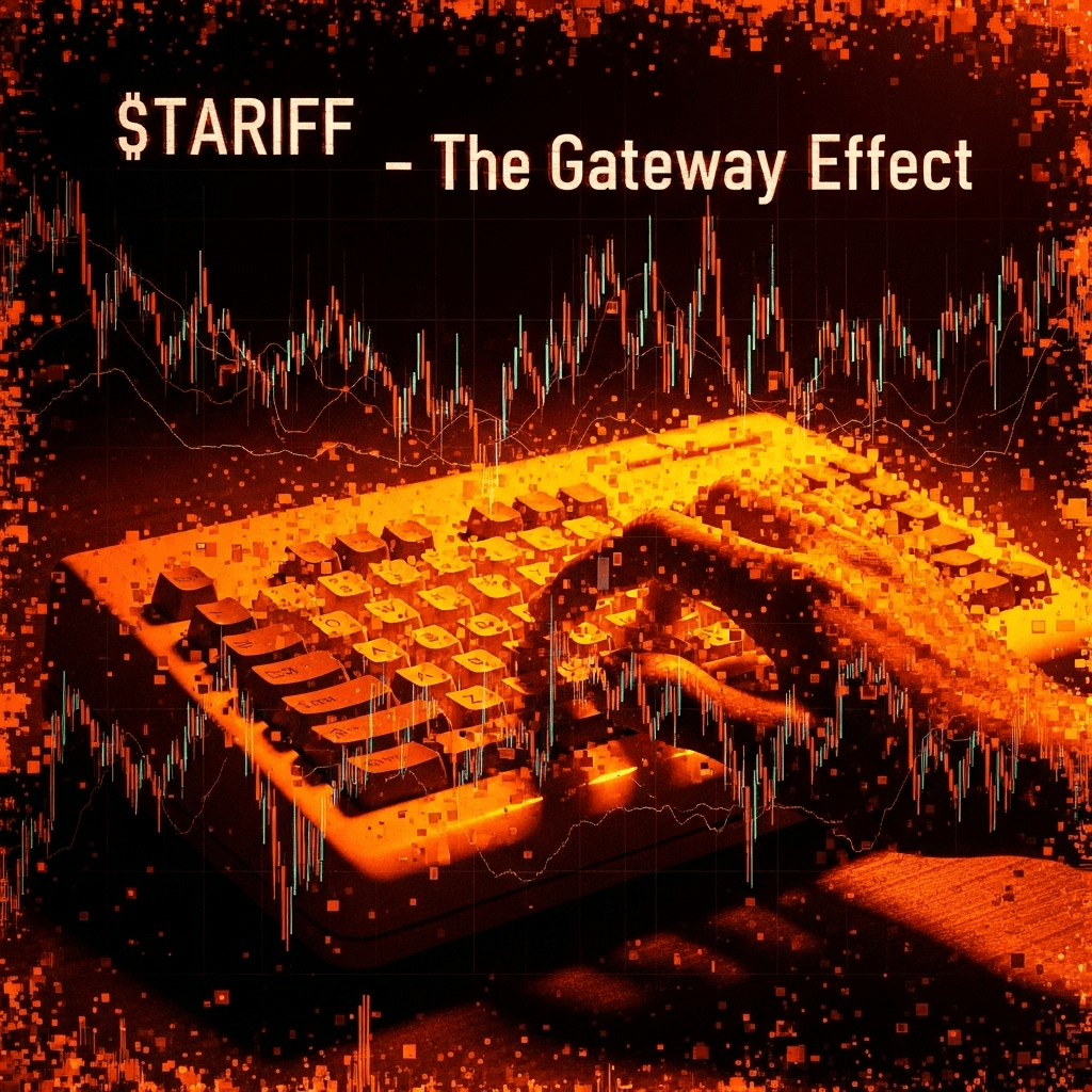 Abstract digital glitch art, featuring orange and black hues. A pixelated, distorted silhouette of a hand typing on an ancient keyboard, overlaid with fluctuating stock market graphs. Text overlay: '$TARIFF - The Gateway Effect'. Focus on digital decay and trade barriers.