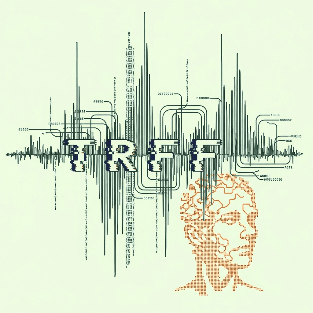 Abstract ASCII art depicting a fluctuating bar chart or waveform, with 'TRFF' characters glitching across it. A subtle, pixelated orange outline of a human head in the background, distorted and broken into segments. Wires and data streams connecting different parts of the image.