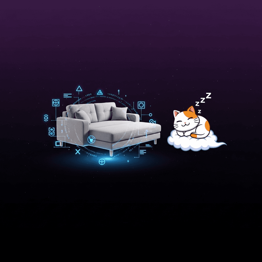 A minimalist logo featuring a comfortable-looking couch/bed hybrid floating in space, with a halo of digital code surrounding it. The couch emits a soft blue glow against a purple/black gradient background with Japanese-inspired lazy cat mascot sleeping nearby.