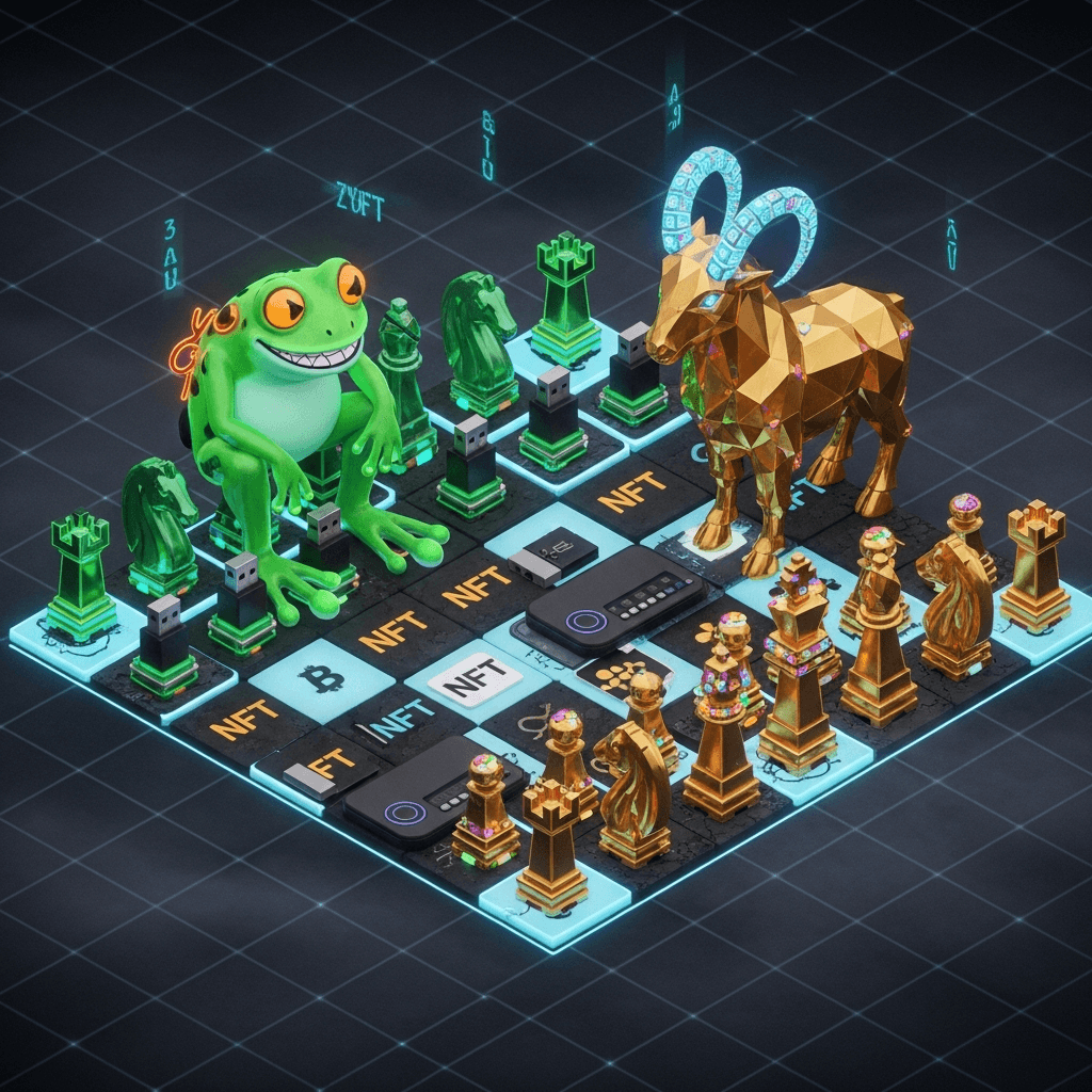 Isometric chessboard made of NFT thumbnails; Zygo the Frog (neon green, mischievous) versus a golden cyber-goat with gem-encrusted horns; pieces are tiny USB sticks and hardware wallets; foggy laser grid background; subtle ASCII glyphs drifting like spirits; overall high-contrast, shareable poster aesthetic.